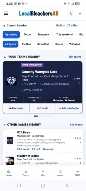 LocalBleachersAR nearby sports application screen