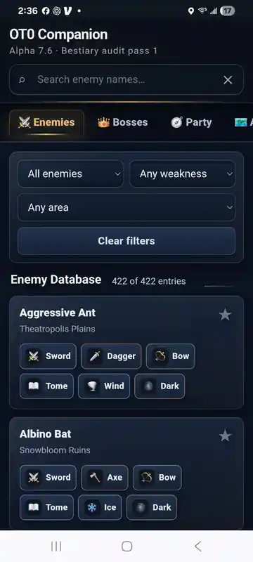 OT0 Companion enemy database application screen